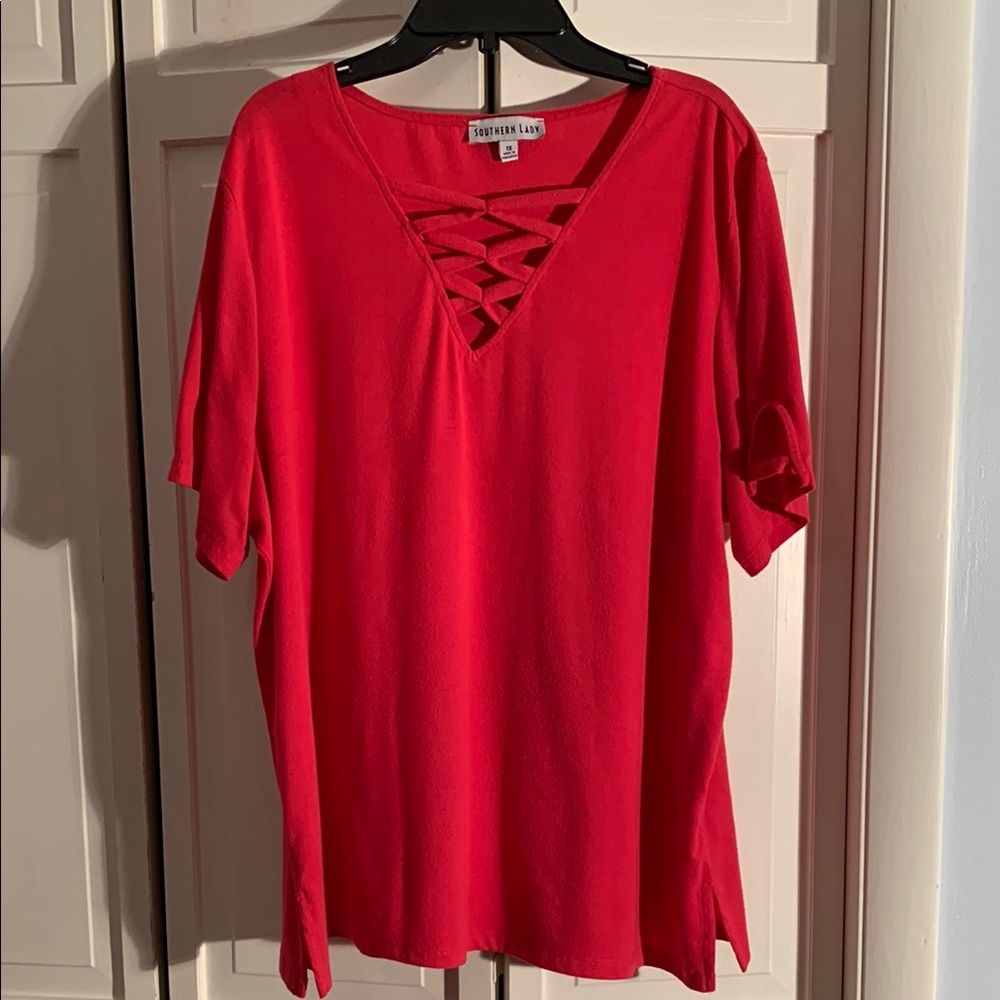 Southern Lady Pink Lace-Up V-Neck Short Sleeve Top